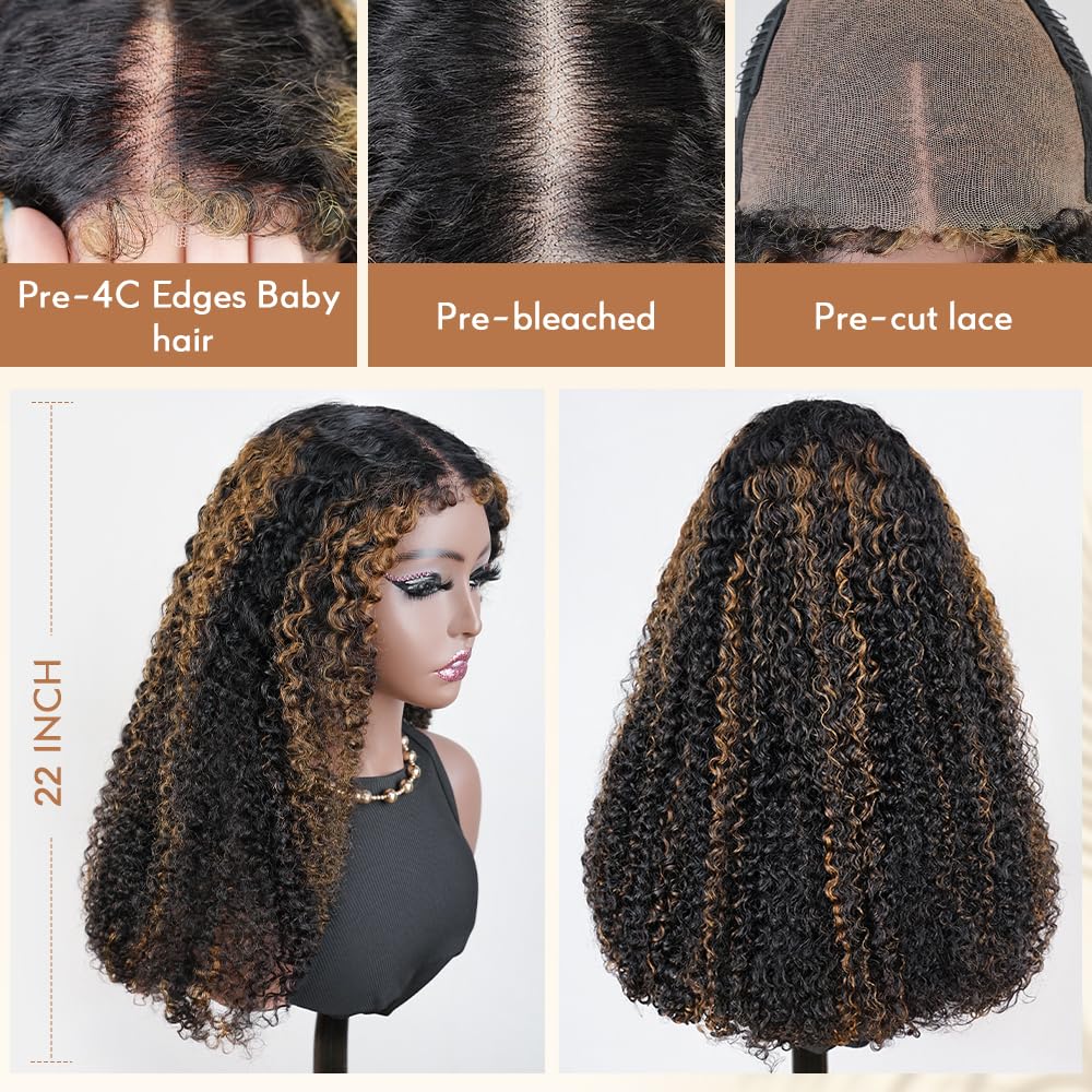 1B/30 Highlight Kinky Curly 7x6 Pre Cut Lace Glueless Wig 4C Baby Hair Wear and Go Wig 180% Density Human Hair Wigs Beginner Friendly