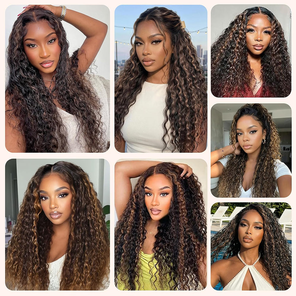1B/30 Highlight Curly Wave 13x6 Lace Front Wigs Human Hair Pre Plucked with Baby Hair Highlighted Balayage Ombre Wig 100% Human Hair 180% Density