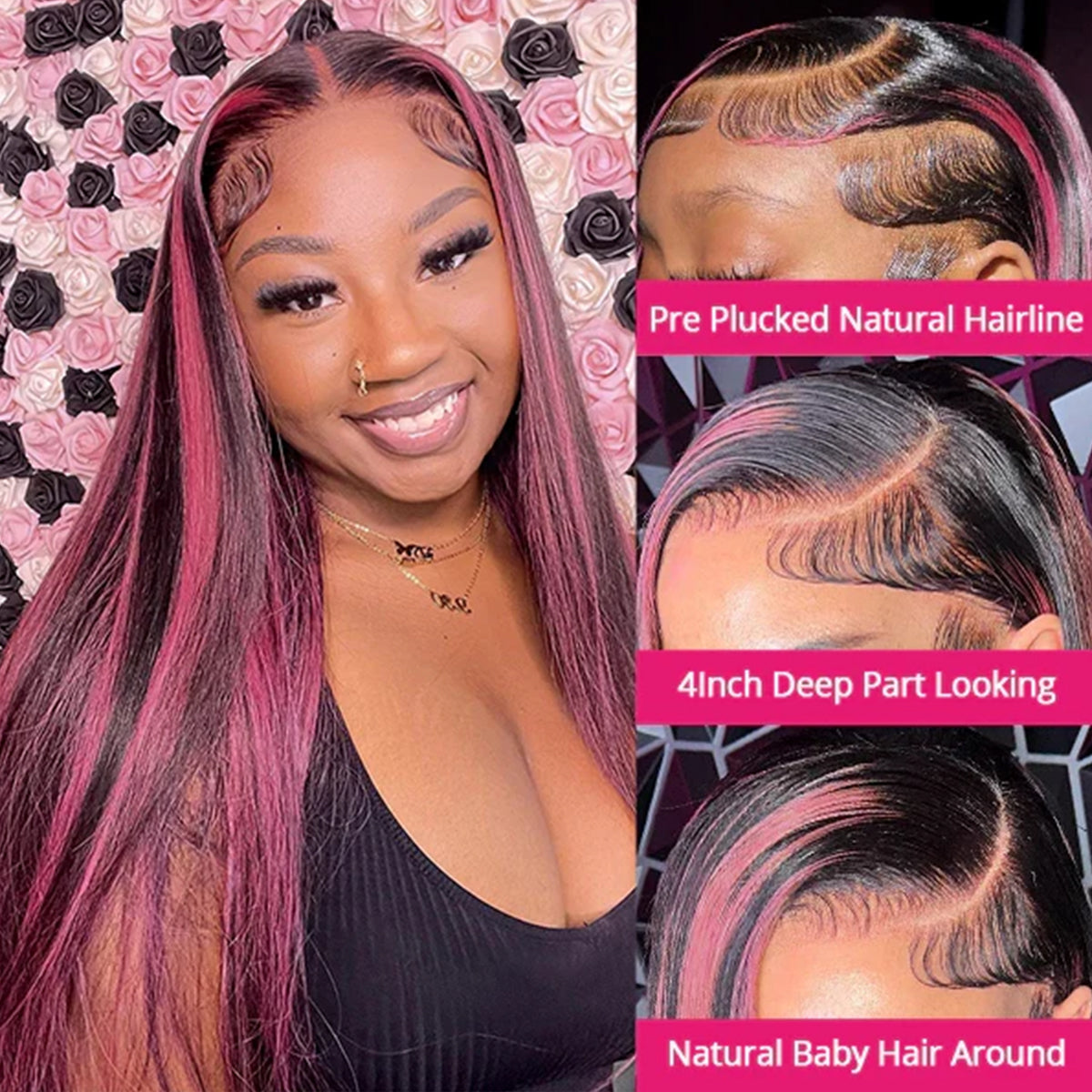 1B/Pink Highlight Wig 13x4 Hd Lace Front Human Hair Straight Wigs Ombre Pink Colored Brazilian Lace Frontal Wig For Women