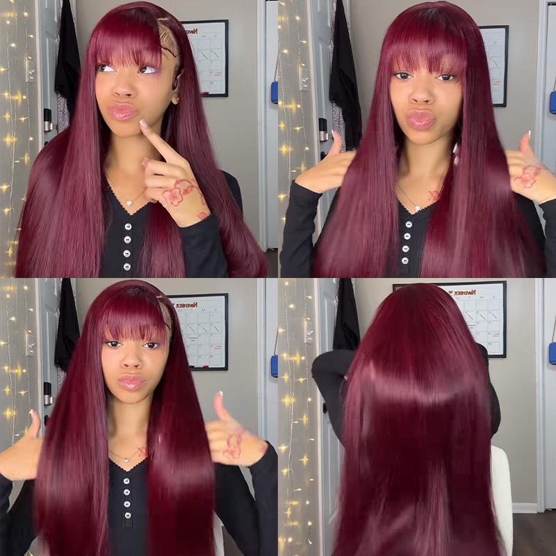 Menglle Hair 99j/highlight 13x4 Long Straight With Bangs Glueless Human Hair Lace Front Wig Burgundy Silky Straight Lace Wig Easy Wear 180% Density Red Wine Color