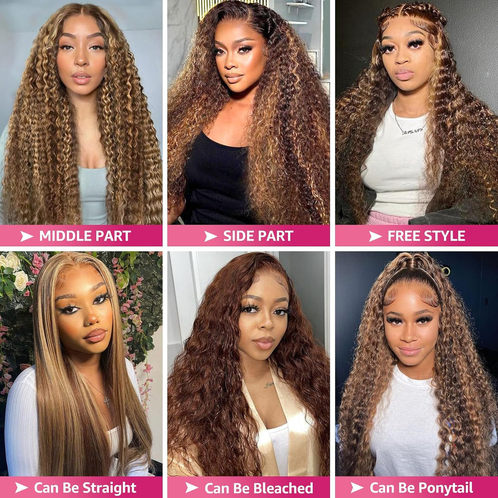 P4/27 Honey Blonde Wig Human Hair Deep Wave Highlight 13x6 Lace Front Wigs Human Hair 180 Density Pre-Plucked Ombre Lace Frontal Wigs  100% Human Hair Deep Wave Wig