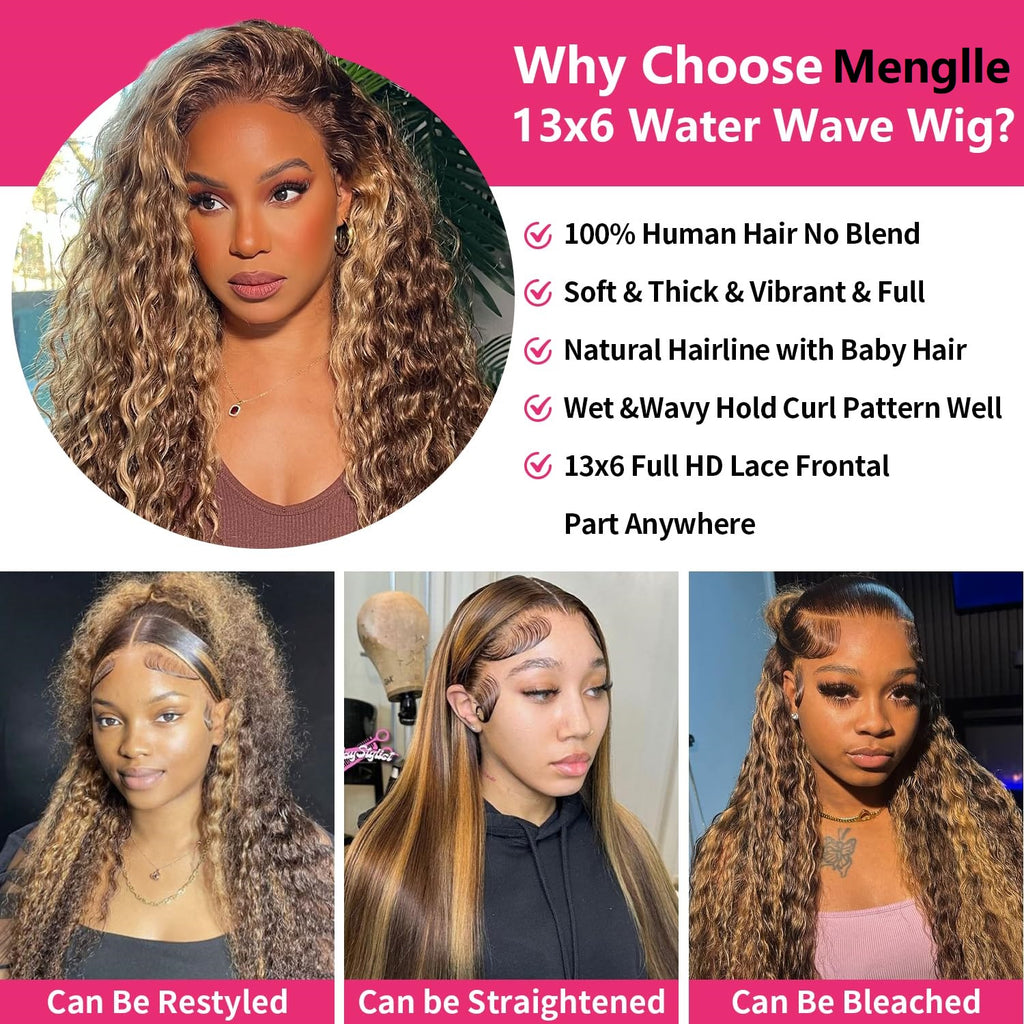 4/27 Highlight Water Wave 13x6 Lace Front Wig Human Hair P4/27 Honey Blonde Wig Human Hair Wet and Wavy HD Transparent Lace Frontal Wigs for Women Pre Plucked