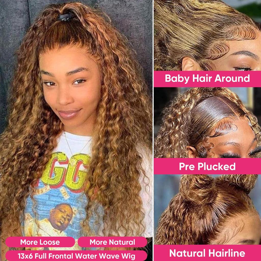 4/27 Highlight Water Wave 13x6 Lace Front Wig Human Hair P4/27 Honey Blonde Wig Human Hair Wet and Wavy HD Transparent Lace Frontal Wigs for Women Pre Plucked