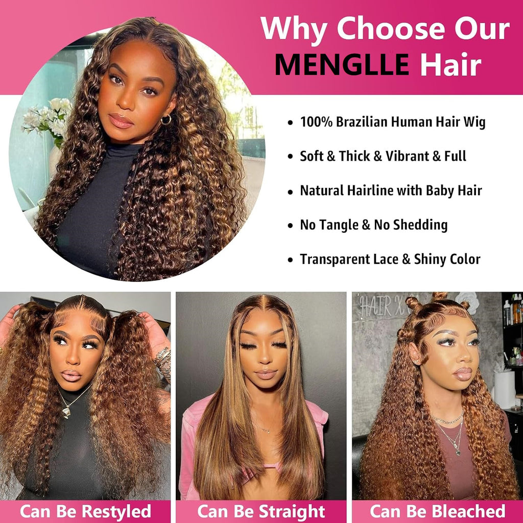 P4/27 Honey Blonde Wig Human Hair Deep Wave Highlight 13x6 Lace Front Wigs Human Hair 180 Density Pre-Plucked Ombre Lace Frontal Wigs  100% Human Hair Deep Wave Wig