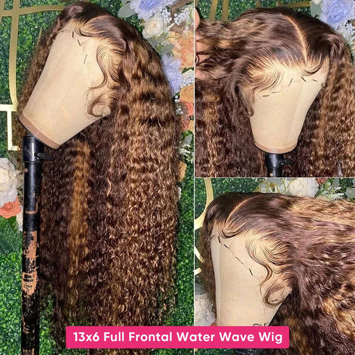 4/27 Highlight Water Wave 13x6 Lace Front Wig Human Hair P4/27 Honey Blonde Wig Human Hair Wet and Wavy HD Transparent Lace Frontal Wigs for Women Pre Plucked