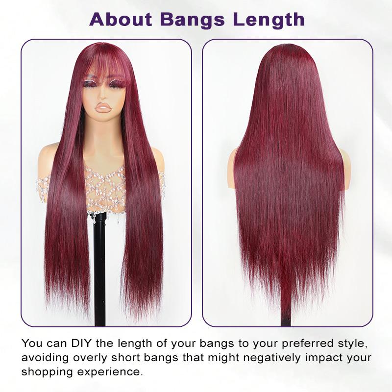 Menglle Hair 99j/highlight 13x4 Long Straight With Bangs Glueless Human Hair Lace Front Wig Burgundy Silky Straight Lace Wig Easy Wear 180% Density Red Wine Color