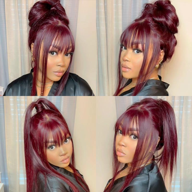 Menglle Hair 99j/highlight 13x4 Long Straight With Bangs Glueless Human Hair Lace Front Wig Burgundy Silky Straight Lace Wig Easy Wear 180% Density Red Wine Color