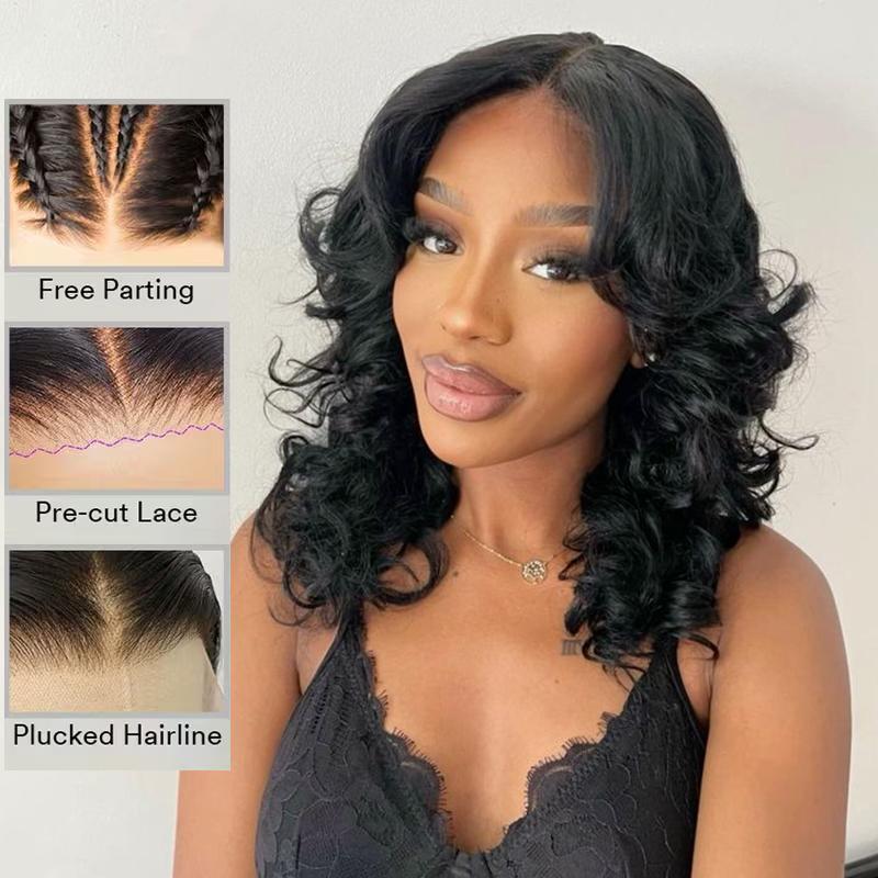 Menglle Hair 220% Density Bouncy Wave Blow Out 7x6 Pre-Cut Lace Closure Wig Spiral Curl Glue-On Human Hair Glueless Wigs With Middle Part 90s Style