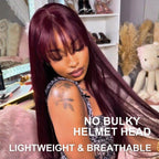 Menglle Hair 99j/highlight 13x4 Long Straight With Bangs Glueless Human Hair Lace Front Wig Burgundy Silky Straight Lace Wig Easy Wear 180% Density Red Wine Color